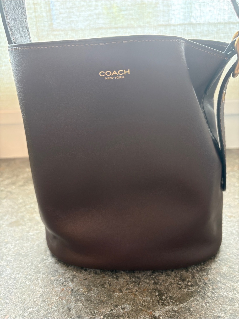 Coach New York Women’s Leather Bucket Crossbody Bag- Dark Brown with Gold Logo